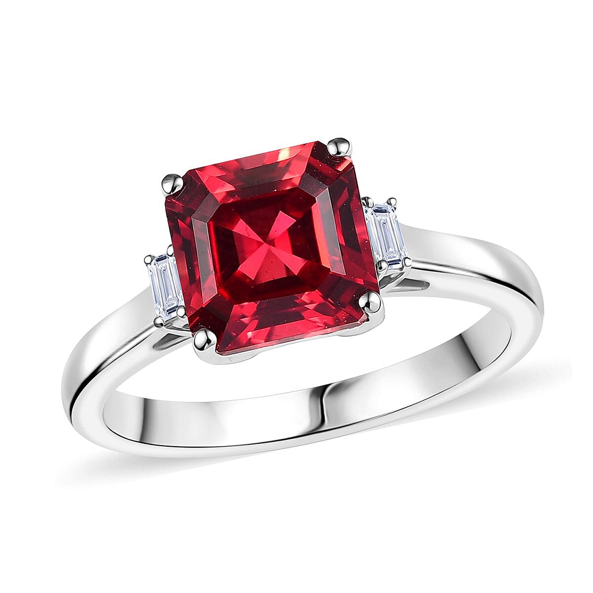 shop lc Certified & Appraised Luxuriant AAA Asscher Cut Lab Grown Padparadscha Sapphire and E-F VS Lab Grown Diamond 3.59 ctw Ring in 10K White Gold