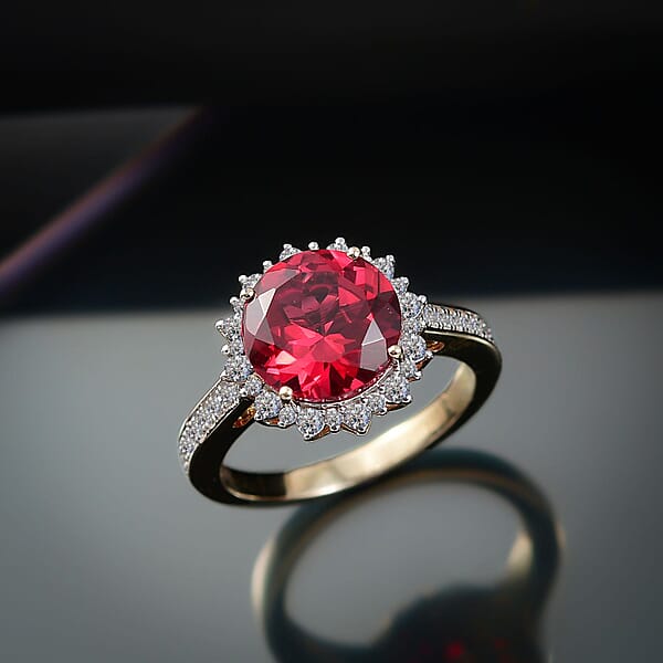 Shop Lc Certified & Appraised Luxuriant AAA Lab Grown Padparadscha Sapphire And E-F VS Lab Grown Diamond 5.50 Ctw Ring In 10K Yellow Gold