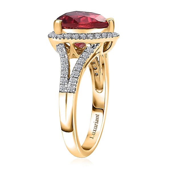 Shop Lc Certified & Appraised Luxuriant AAA Lab Grown Padparadscha Sapphire And E-F VS Lab Grown Diamond 5.28 Ctw Ring In 10K Yellow Gold