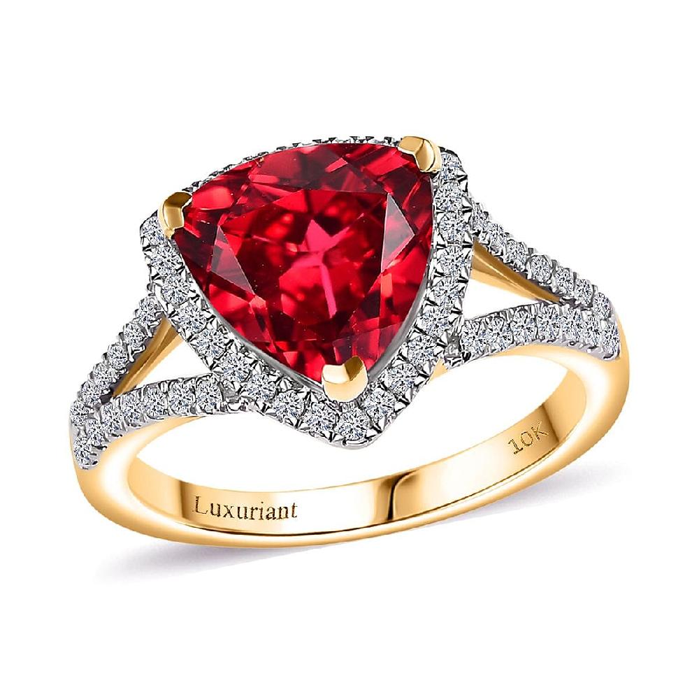 shop lc Certified & Appraised Luxuriant AAA Lab Grown Padparadscha Sapphire and E-F VS Lab Grown Diamond 5.28 ctw Ring in 10K Yellow Gold