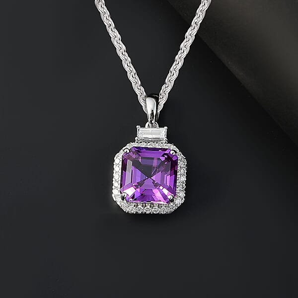 Shop Lc Certified & Appraised Luxuriant AAA Lab Grown Purple Sapphire And Lab Grown E-F VS Diamond 6.98 Ctw Pendant Necklace In 10K White Gold 18 Inches