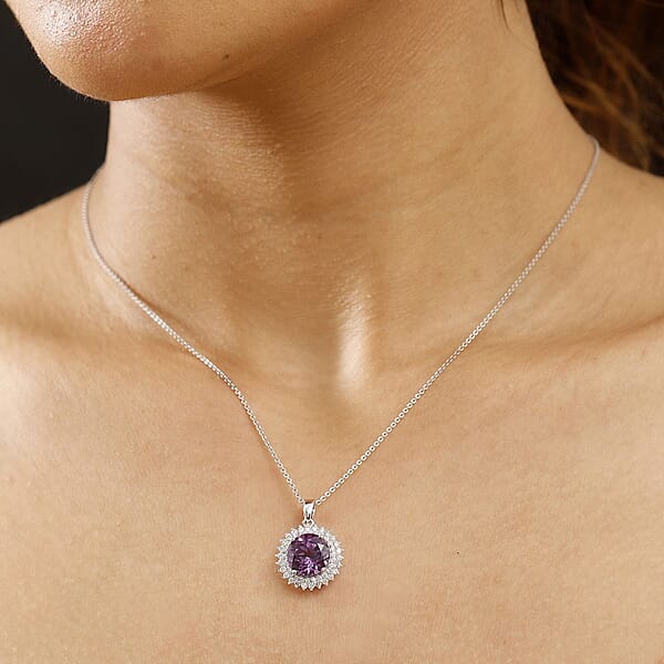 Shop Lc Certified & Appraised Luxuriant AAA Lab Grown Purple Sapphire And Lab Grown E-F VS Diamond 6.00 Ctw Pendant Necklace In 10K White Gold 18 Inches