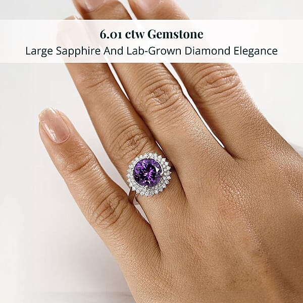 Shop Lc Certified & Appraised Luxuriant AAA Lab Grown Purple Sapphire And E-F VS Lab Grown Diamond 6.01 Ctw Double Halo Ring In 10K White Gold