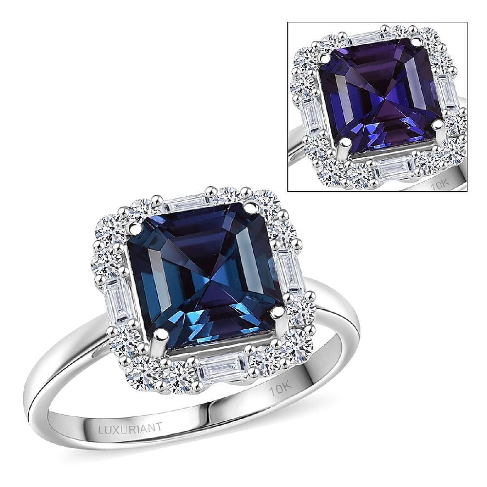 shop lc Certified & Appraised Luxuriant Asscher Cut AAA Lab Grown Alexandrite and Diamond G-H SI 3.56 ctw Ring in 10K White Gold