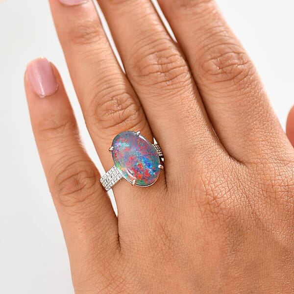 Shop Lc Certified & Appraised Premium Elysian Opal (Triplet) And G-H SI Luxuriant Lab Grown Diamond 6.67 Ctw Ring In 10K White Gold