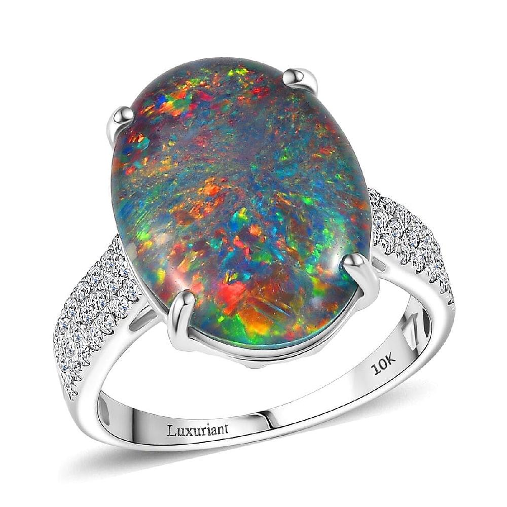 shop lc Certified & Appraised Premium Elysian Opal (Triplet) and G-H SI Luxuriant Lab Grown Diamond 6.67 ctw Ring in 10K White Gold