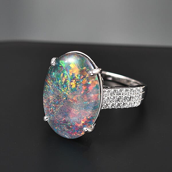 Shop Lc Certified & Appraised Premium Elysian Opal (Triplet) And G-H SI Luxuriant Lab Grown Diamond 6.67 Ctw Ring In 10K White Gold