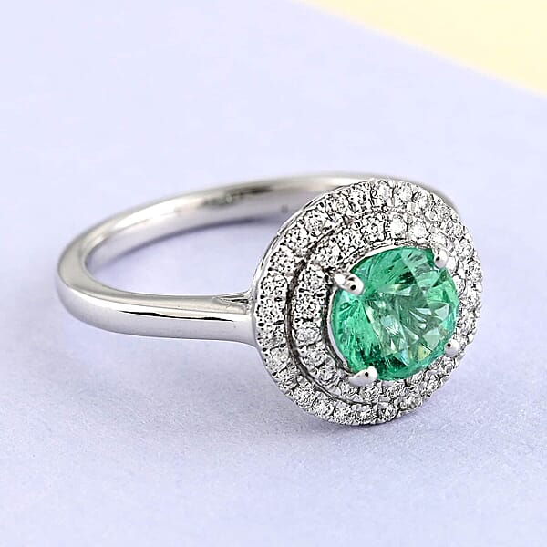 Shop Lc Certified & Appraised Rhapsody 950 Platinum AAAA Boyaca Colombian Emerald And E-F VS Diamond Double Halo Ring 5.30 Grams 1.20 Ctw