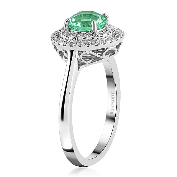 Shop Lc Certified & Appraised Rhapsody 950 Platinum AAAA Boyaca Colombian Emerald And E-F VS Diamond Double Halo Ring 5.30 Grams 1.20 Ctw