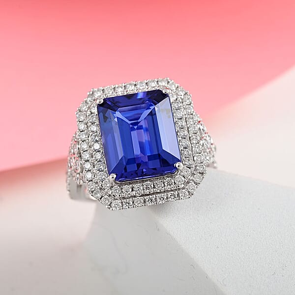 Shop Lc Certified & Appraised Rhapsody 950 Platinum AAAA Tanzanite And Diamond E-F VS Double Halo Ring 11.40 Grams 8.10 Ctw