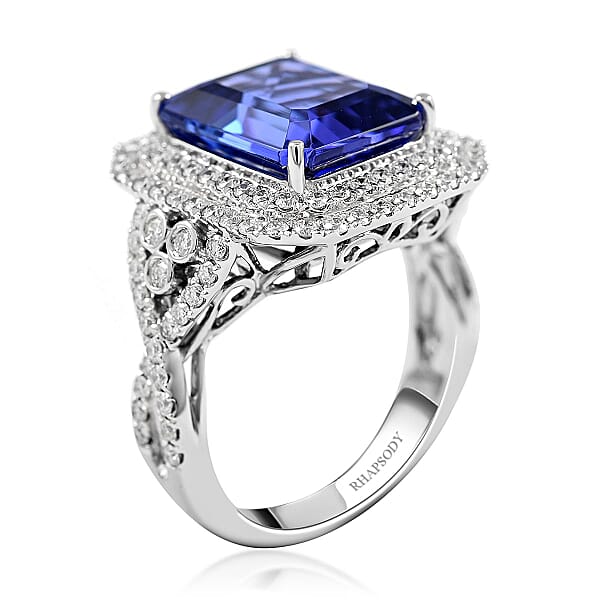 Shop Lc Certified & Appraised Rhapsody 950 Platinum AAAA Tanzanite And Diamond E-F VS Double Halo Ring 11.40 Grams 8.10 Ctw
