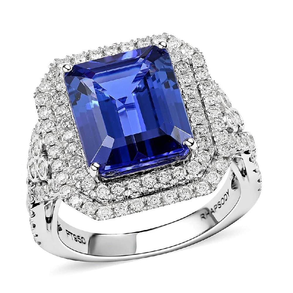 shop lc Certified & Appraised Rhapsody 950 Platinum AAAA Tanzanite and Diamond E-F VS Double Halo Ring 11.40 Grams 8.10 ctw