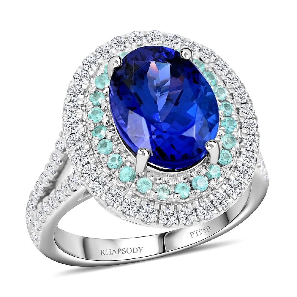 shop lc Certified & Appraised Rhapsody 950 Platinum AAAA Tanzanite and Paraiba Tourmaline E-F VS Diamond Ring 10.60 Grams 5.55 ctw