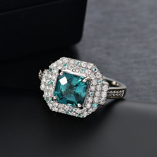 Shop Lc Certified & Appraised Rhapsody AAAA Asscher Cut Pirineu Lagoon Tourmaline Paraiba Tourmaline And E-F VS2 Diamond 3.50 Ctw Ring In 950 Platinum 8.10 Grams