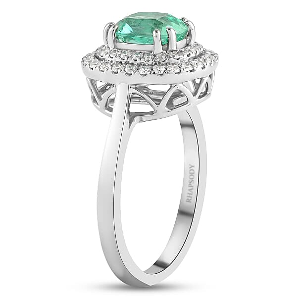 Shop Lc Certified & Appraised Rhapsody AAAA Boyaca Colombian Emerald And E-F VS Diamond 1.40 Ctw Double Halo Ring In 950 Platinum 6.90 Grams