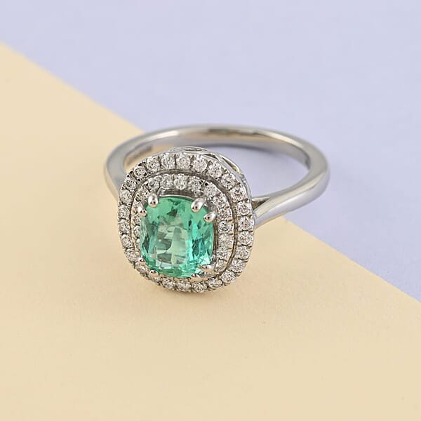 Shop Lc Certified & Appraised Rhapsody AAAA Boyaca Colombian Emerald And E-F VS Diamond 1.40 Ctw Double Halo Ring In 950 Platinum 6.90 Grams