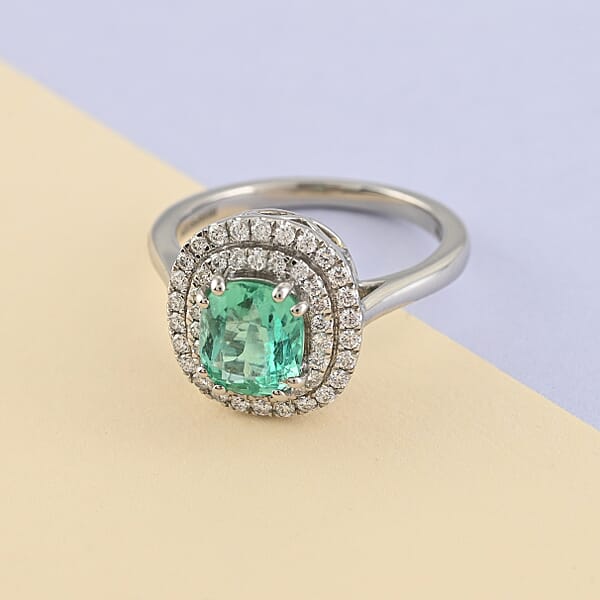 Shop Lc Certified & Appraised Rhapsody AAAA Boyaca Colombian Emerald And E-F VS Diamond 1.40 Ctw Double Halo Ring In 950 Platinum 6.90 Grams