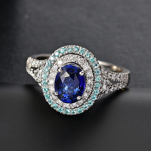 Shop Lc Certified & Appraised Rhapsody AAAA Ceylon Blue Sapphire Paraiba Tourmaline And E-F VS Diamond 3.00 Ctw Ring In 950 Platinum 9 Grams