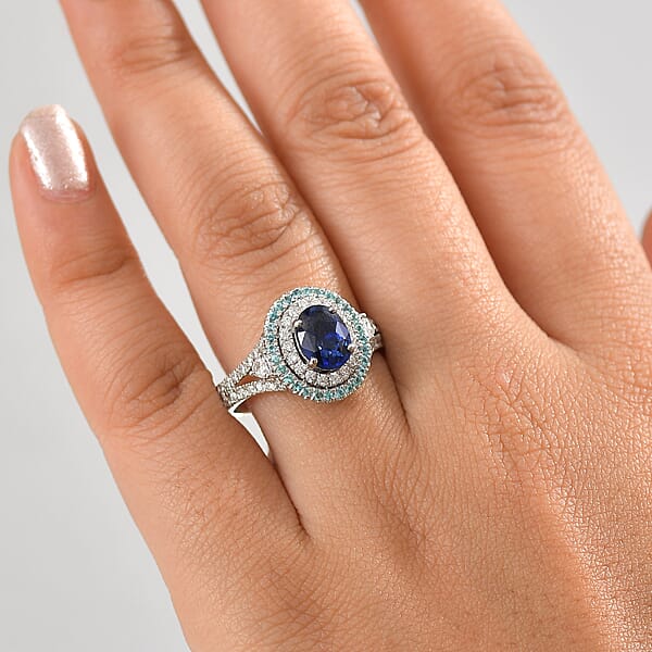 Shop Lc Certified & Appraised Rhapsody AAAA Ceylon Blue Sapphire Paraiba Tourmaline And E-F VS Diamond 3.00 Ctw Ring In 950 Platinum 9 Grams