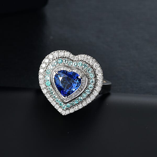 Shop Lc Certified & Appraised Rhapsody AAAA Ceylon Blue Sapphire Paraiba Tourmaline And Diamond E-F VS 3.00 Ctw Heart Ring In 950 Platinum 9.95 Grams