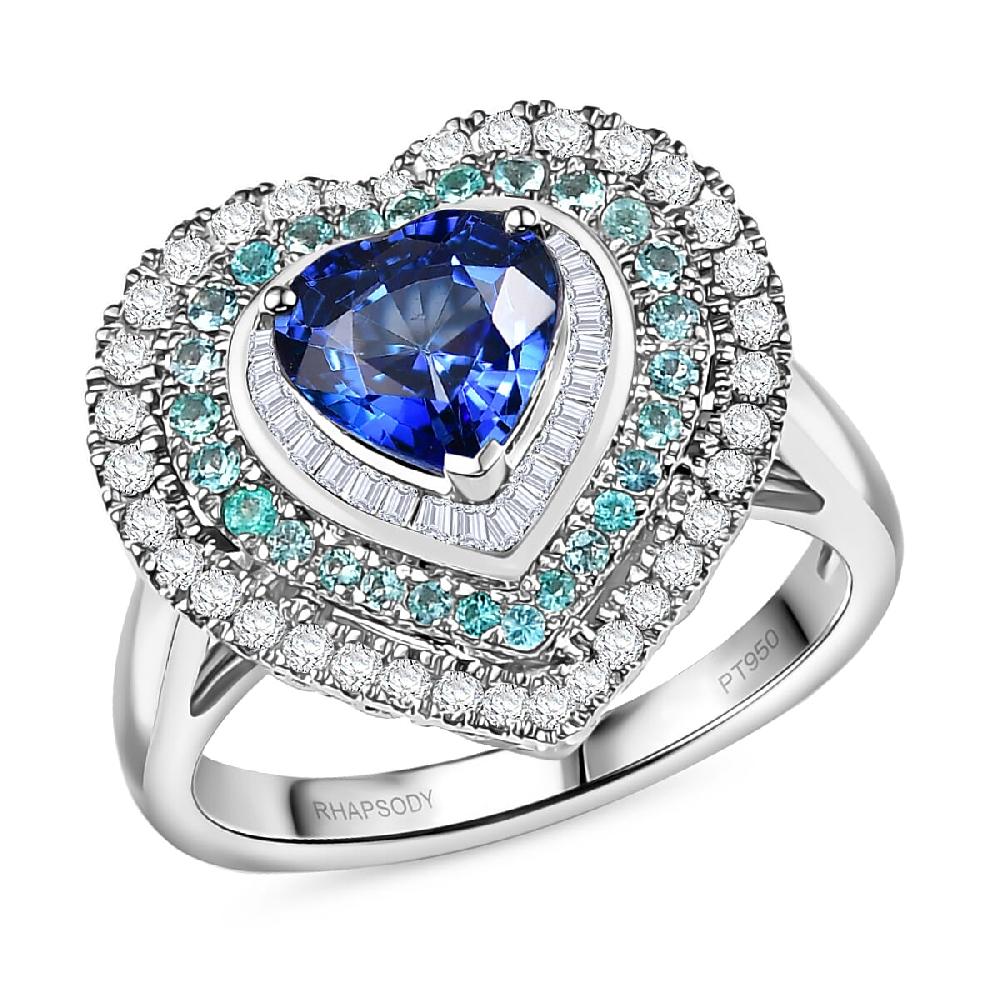 shop lc Certified & Appraised Rhapsody AAAA Ceylon Blue Sapphire Paraiba Tourmaline and Diamond E-F VS 3.00 ctw Heart Ring in 950 Platinum 9.95 Grams