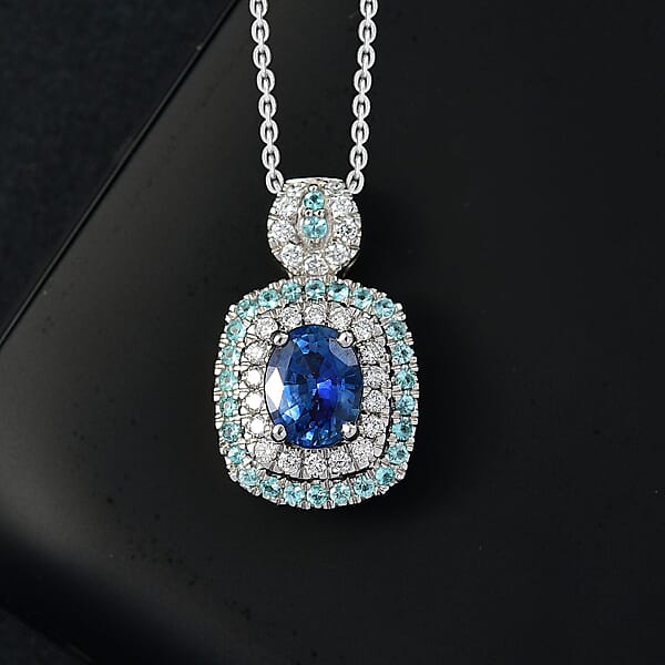 Shop Lc Certified & Appraised Rhapsody AAAA Ceylon Blue Sapphire Paraiba Tourmaline And Diamond E-F VS 2.15 Ctw Pendant Necklace In 950 Platinum 20 Inches 8.50 Grams