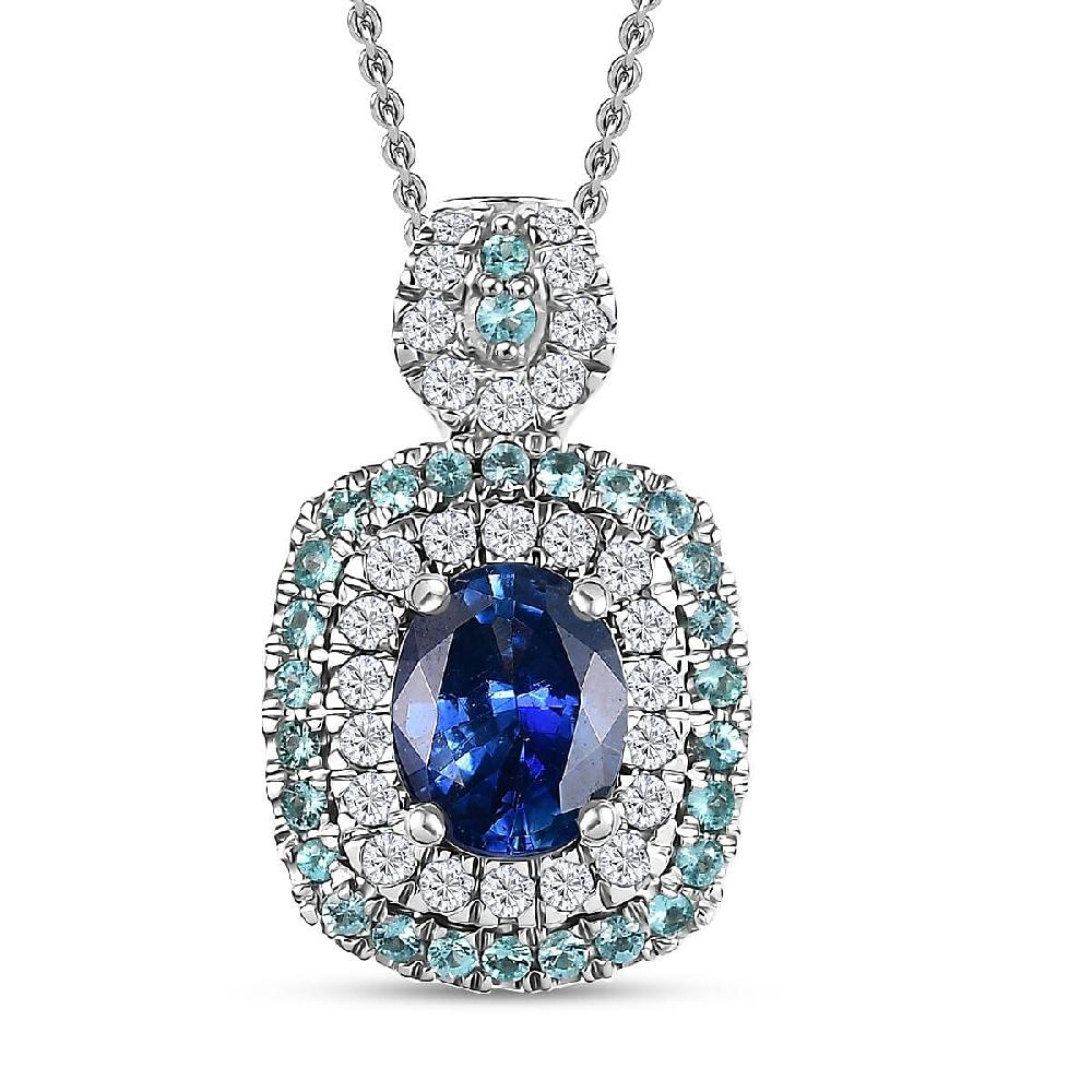 shop lc Certified & Appraised Rhapsody AAAA Ceylon Blue Sapphire Paraiba Tourmaline and Diamond E-F VS 2.15 ctw Pendant Necklace in 950 Platinum 20 Inches 8.50 Grams
