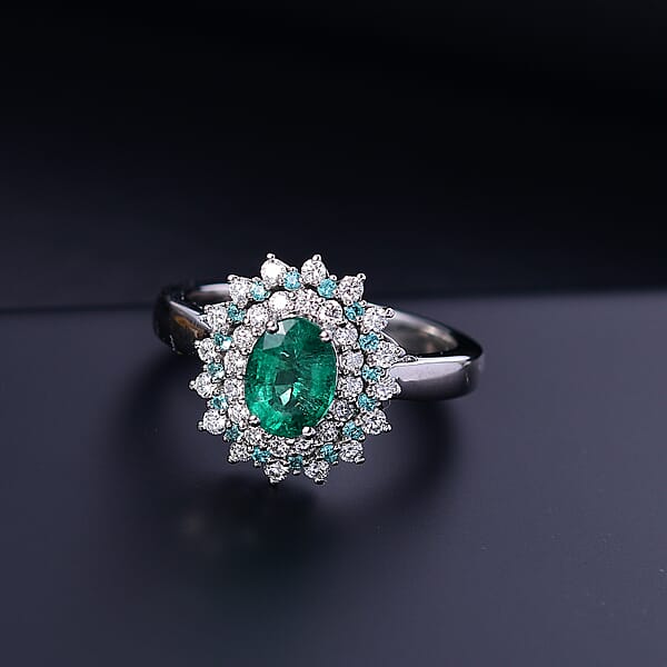 Shop Lc Certified & Appraised Rhapsody AAAA Kagem Zambian Emerald Paraiba Tourmaline And E-F VS Diamond 2.00 Ctw Sunburst Ring In 950 Platinum