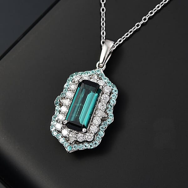 Shop Lc Certified & Appraised Rhapsody AAAA Monte Belo Indicolite Paraiba Tourmaline And Diamond E-F VS2 3.50 Ctw Pendant Necklace In 950 Platinum 20 Inches 7.00 Grams