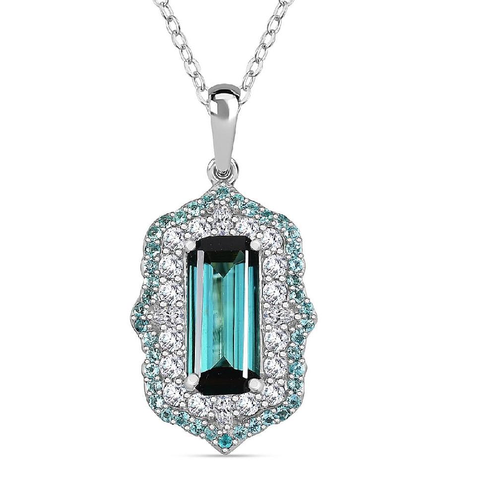 shop lc Certified & Appraised Rhapsody AAAA Monte Belo Indicolite Paraiba Tourmaline and Diamond E-F VS2 3.50 ctw Pendant Necklace in 950 Platinum 20 inches 7.00 Grams