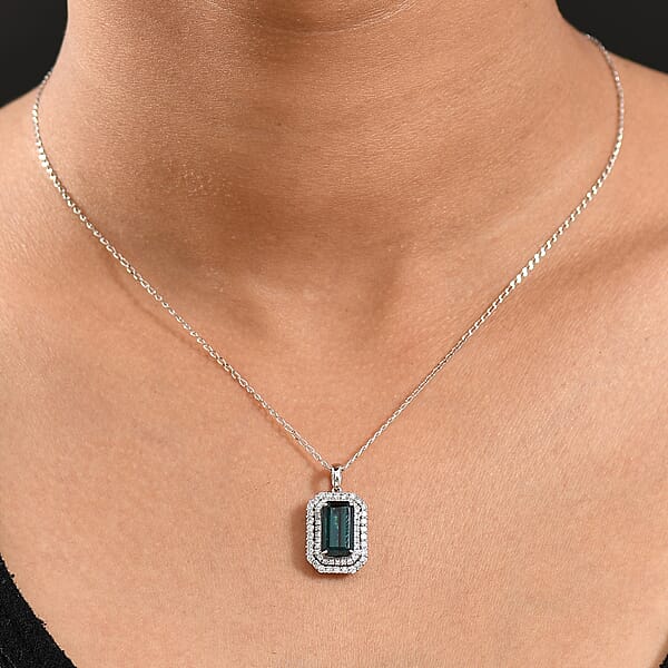 Shop Lc Certified & Appraised Rhapsody AAAA Monte Belo Indicolite And E-F VS Diamond 3.31 Ctw Pendant Necklace In 950 Platinum 20 Inches