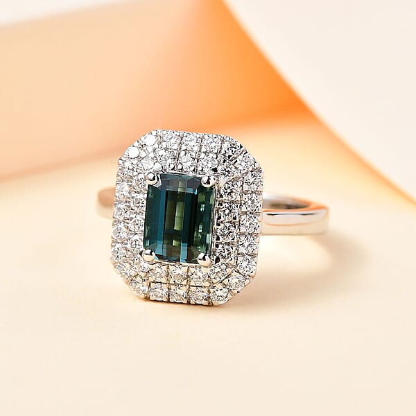 Shop Lc Certified & Appraised Rhapsody AAAA Monte Belo Indicolite And E-F VS Diamond 2.05 Ctw Double Halo Ring In 950 Platinum 7.85 Grams