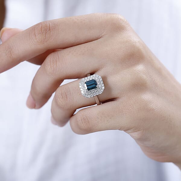 Shop Lc Certified & Appraised Rhapsody AAAA Monte Belo Indicolite And E-F VS Diamond 2.05 Ctw Double Halo Ring In 950 Platinum 7.85 Grams