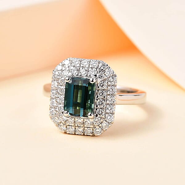 Shop Lc Certified & Appraised Rhapsody AAAA Monte Belo Indicolite And E-F VS Diamond 2.05 Ctw Double Halo Ring In 950 Platinum 7.85 Grams