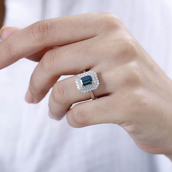 Shop Lc Certified & Appraised Rhapsody AAAA Monte Belo Indicolite And E-F VS Diamond 2.05 Ctw Double Halo Ring In 950 Platinum 7.85 Grams