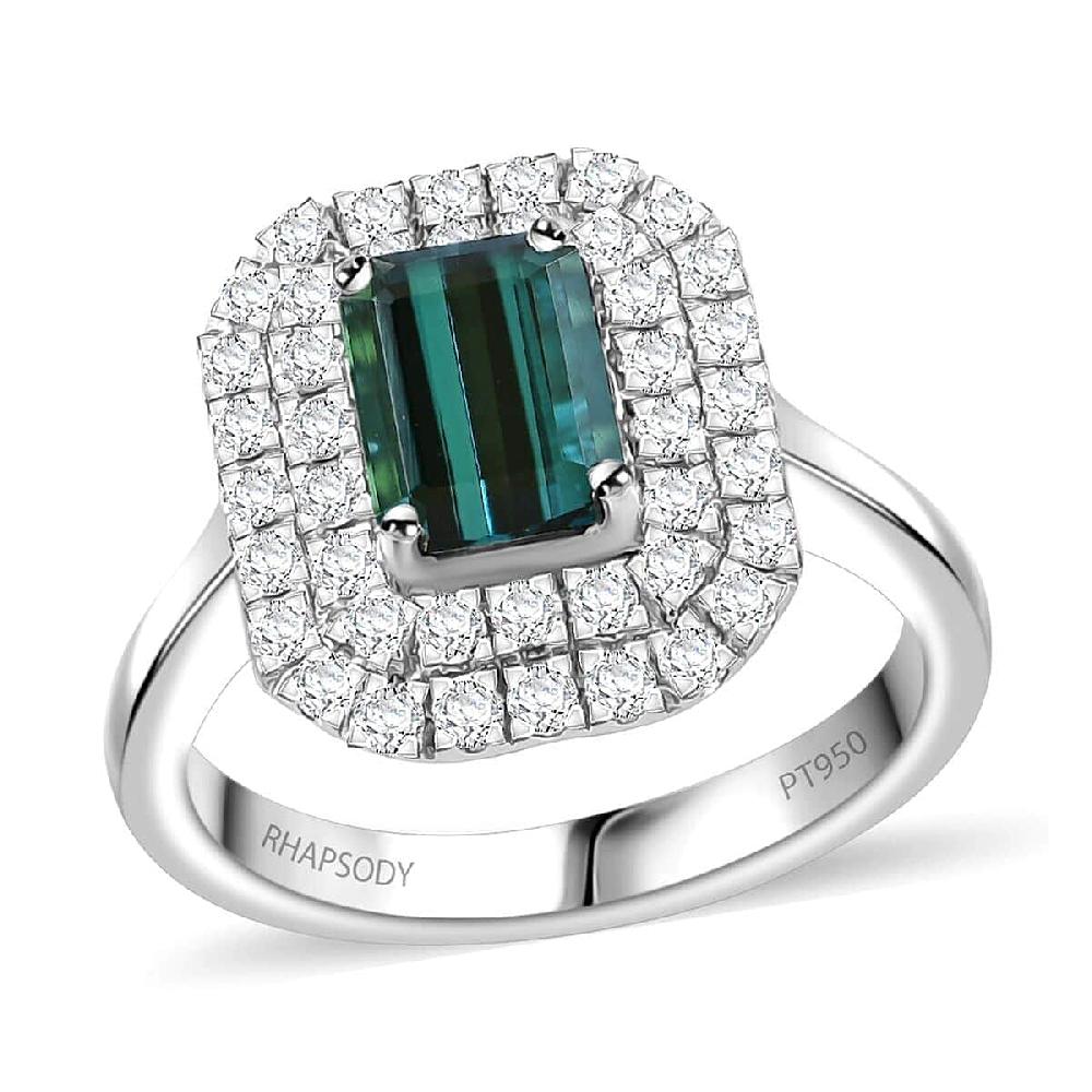 shop lc Certified & Appraised Rhapsody AAAA Monte Belo Indicolite and E-F VS Diamond 2.05 ctw Double Halo Ring in 950 Platinum 7.85 Grams