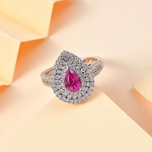 Shop Lc Certified & Appraised Rhapsody AAAA Padparadscha Sapphire And E-F VS2 Diamond 2.50 Ctw Double Halo Ring In 950 Platinum 7 Grams
