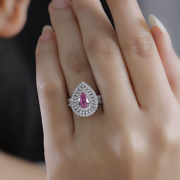 Shop Lc Certified & Appraised Rhapsody AAAA Padparadscha Sapphire And E-F VS2 Diamond 2.50 Ctw Double Halo Ring In 950 Platinum 7 Grams