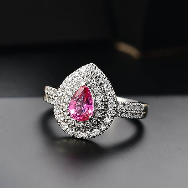 Shop Lc Certified & Appraised Rhapsody AAAA Padparadscha Sapphire And E-F VS2 Diamond 1.50 Ctw Double Halo Ring In 950 Platinum 7.11 Grams