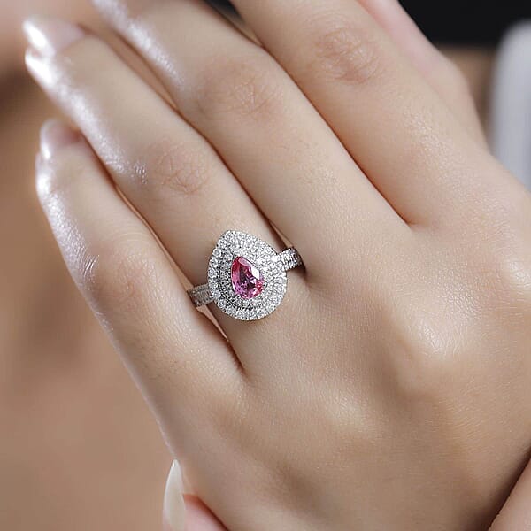 Shop Lc Certified & Appraised Rhapsody AAAA Padparadscha Sapphire And E-F VS2 Diamond 1.50 Ctw Double Halo Ring In 950 Platinum 7.11 Grams