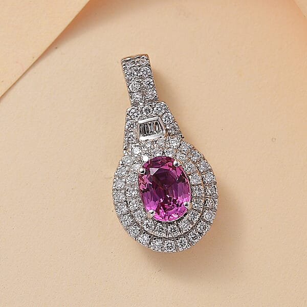 Shop Lc Certified & Appraised Rhapsody AAAA Padparadscha Sapphire And E-F VS2 Diamond 2.02 Ctw Pendant Without Chain In 950 Platinum