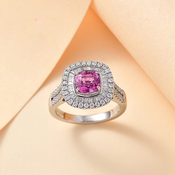 Shop Lc Certified & Appraised Rhapsody AAAA Padparadscha Sapphire And E-F VS2 Diamond 2.40 Ctw Double Halo Ring In 950 Platinum 7.45 Grams