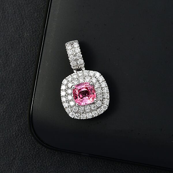 Shop Lc Certified & Appraised Rhapsody AAAA Padparadscha Sapphire And E-F VS2 Diamond 1.25 Ctw Double Halo Pendant Without Chain In 950 Platinum