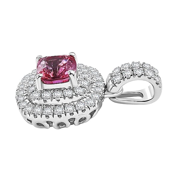 Shop Lc Certified & Appraised Rhapsody AAAA Padparadscha Sapphire And E-F VS2 Diamond 1.25 Ctw Double Halo Pendant Without Chain In 950 Platinum