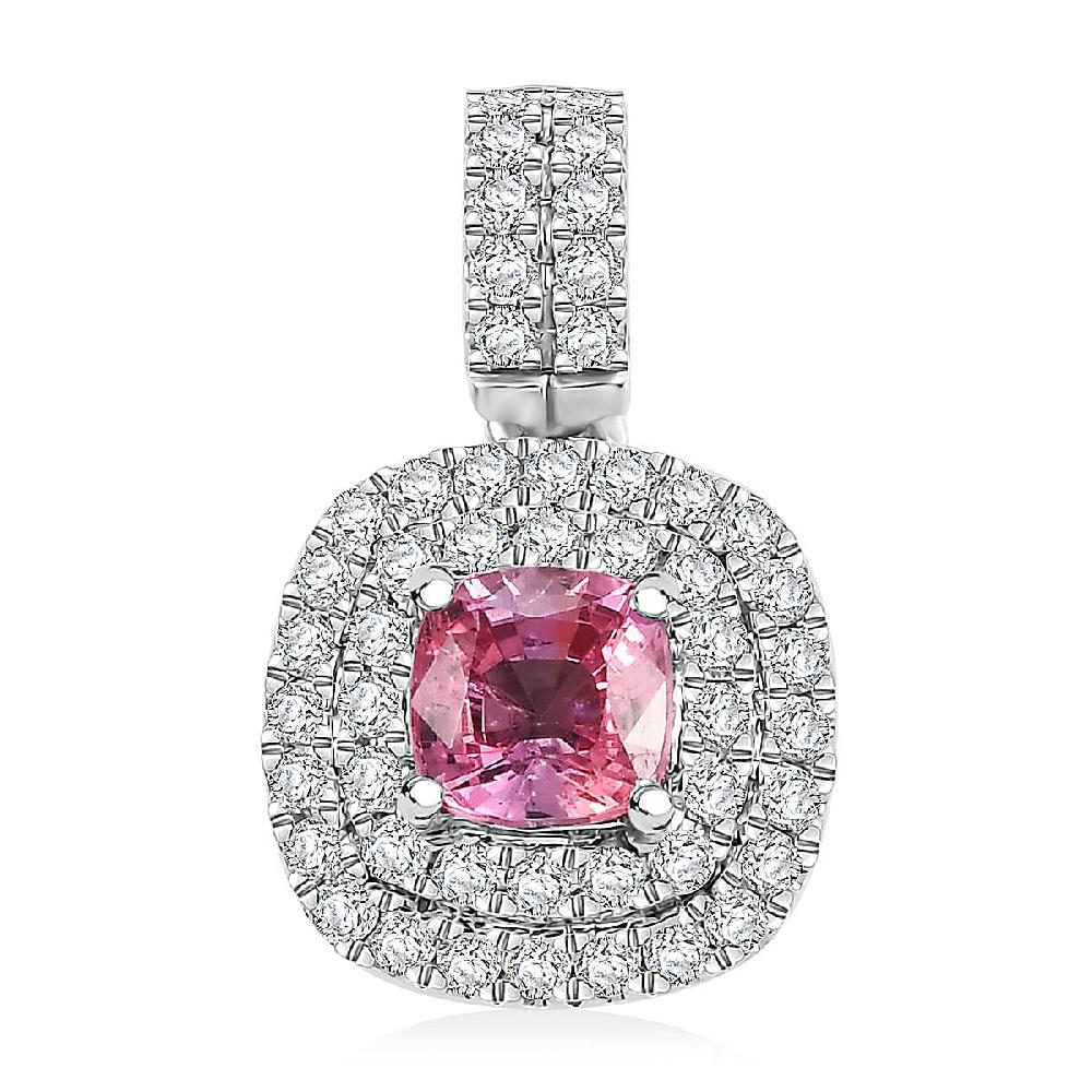 shop lc Certified & Appraised Rhapsody AAAA Padparadscha Sapphire and E-F VS2 Diamond 1.25 ctw Double Halo Pendant without Chain in 950 Platinum