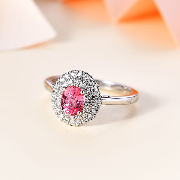 Shop Lc Certified & Appraised Rhapsody AAAA Padparadscha Sapphire And E-F VS Diamond 1.35 Ctw Double Halo Ring In 950 Platinum 5.60 Grams