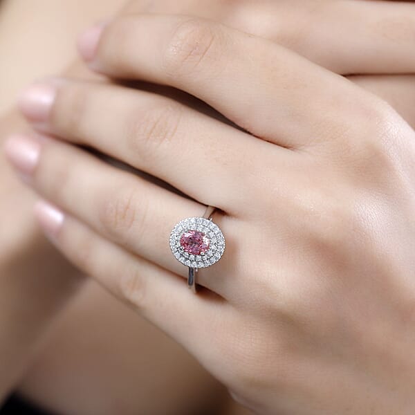 Shop Lc Certified & Appraised Rhapsody AAAA Padparadscha Sapphire And E-F VS Diamond 1.35 Ctw Double Halo Ring In 950 Platinum 5.60 Grams