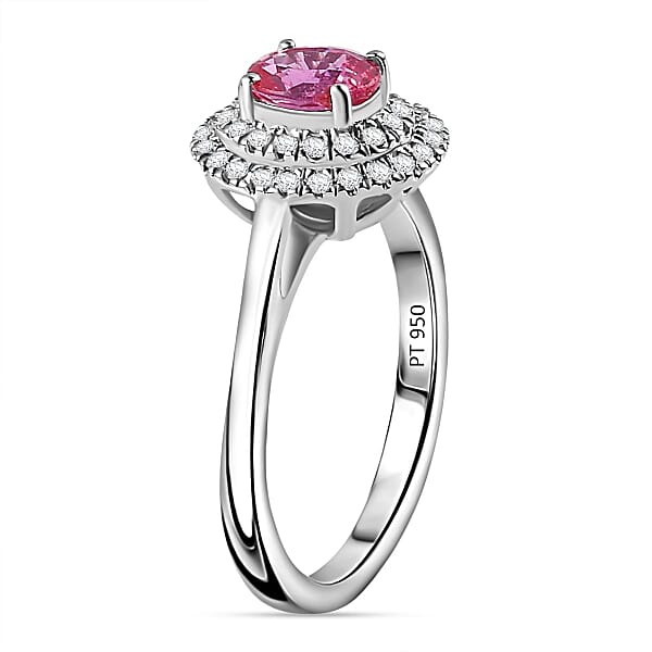 Shop Lc Certified & Appraised Rhapsody AAAA Padparadscha Sapphire And E-F VS Diamond 1.35 Ctw Double Halo Ring In 950 Platinum 5.60 Grams