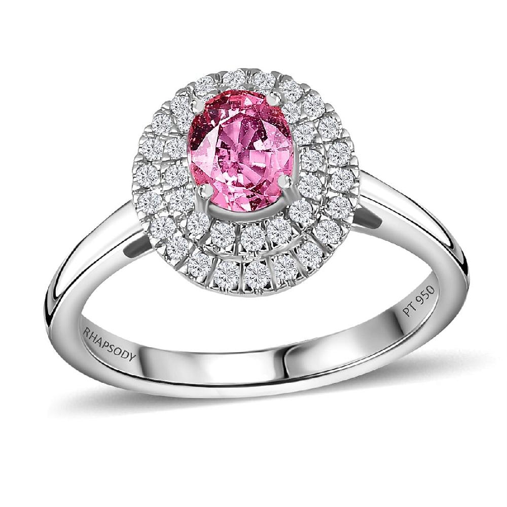 shop lc Certified & Appraised Rhapsody AAAA Padparadscha Sapphire and E-F VS Diamond 1.35 ctw Double Halo Ring in 950 Platinum 5.60 Grams