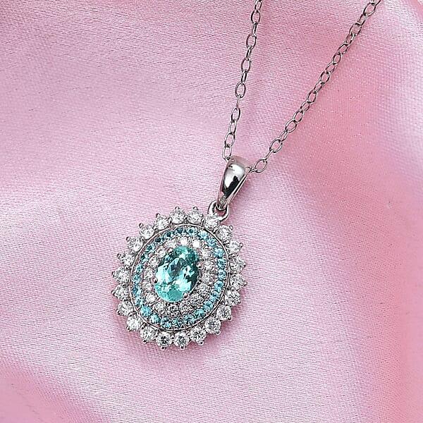 Shop Lc Certified & Appraised Rhapsody AAAA Paraiba Tourmaline And E-F VS2 Diamond 2.00 Ctw Sunburst Pendant Necklace In 950 Platinum 20 Inches 5 Grams